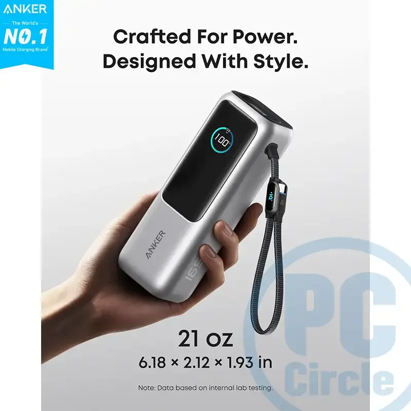 باور بانك للابتوب Anker A1695H41 سعة 25K وقدرة 165 واط بكابلات USB-C مدمجة وقابلة للسحب – فضي