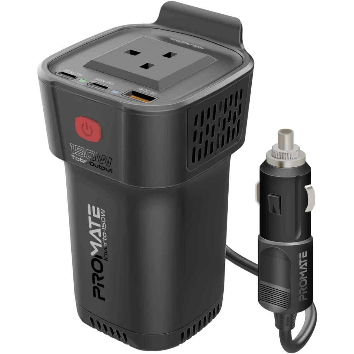Promate Inverto-150W 4-in-1 Car Power Inverter with 150W AC Socket, Dual PD 30W USB-C & QC 18W USB-A - Black