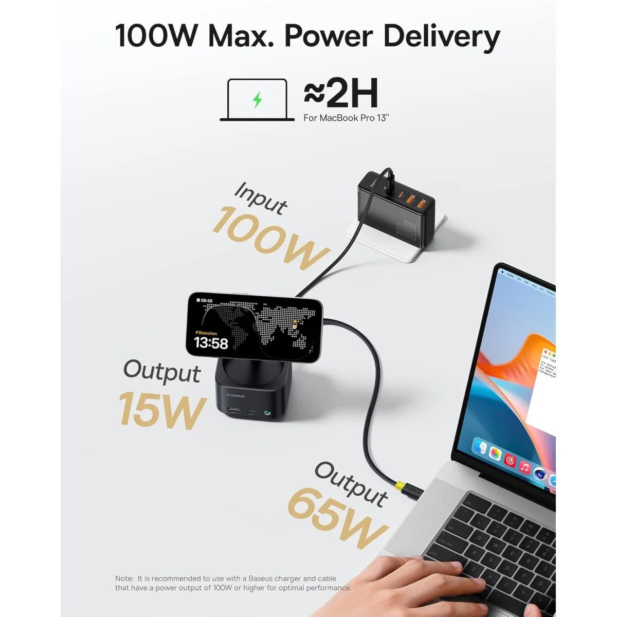 موزع USB-C Baseus MagPro Series II 7 في 1 مع شاحن لاسلكي Qi2 بقدرة 15W ومنفذ HDMI بدقة 4K@60Hz وشحن PD بقدرة 100W وسرعة 10Gbps وقارئ بطاقات SD - أسود - Image 5