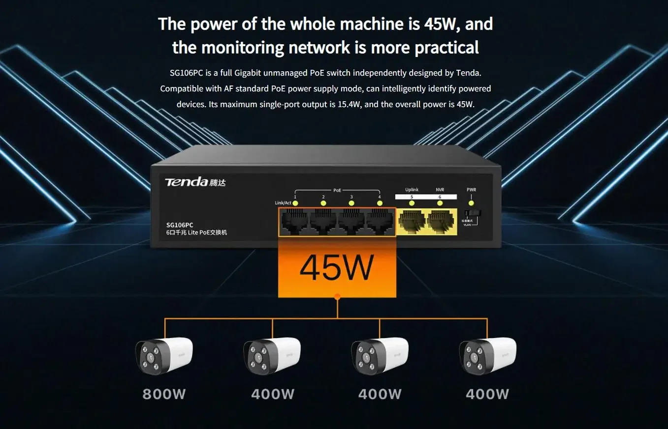 سويتش PoE جيجابت Tenda SG106PC 4 منافذ مع منفذي Uplink جيجابت، 45W، غير مدار - Image 9
