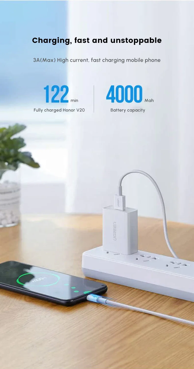 كابل شحن سريع USB-A إلى USB-C من Ugreen QC3.0 3A بطول 1 متر لون أبيض - Image 3