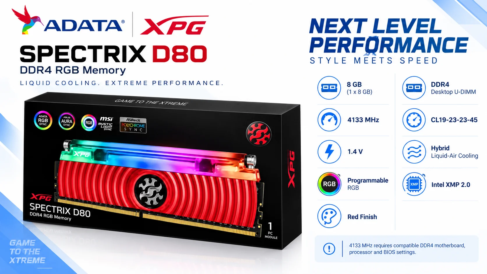 ADATA XPG SPECTRIX D80 8GB DDR4 4133MHz CL19 RGB Desktop RAM – Red - Thumbnail 4