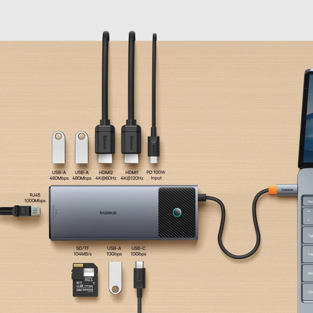 موزع USB-C Baseus Metal Gleam II Series 10 في 1 مع HDMI 4K 60Hz وRJ45 وSD/TF ومنفذ 3.5mm وPD 100W - Space Grey - Image 3