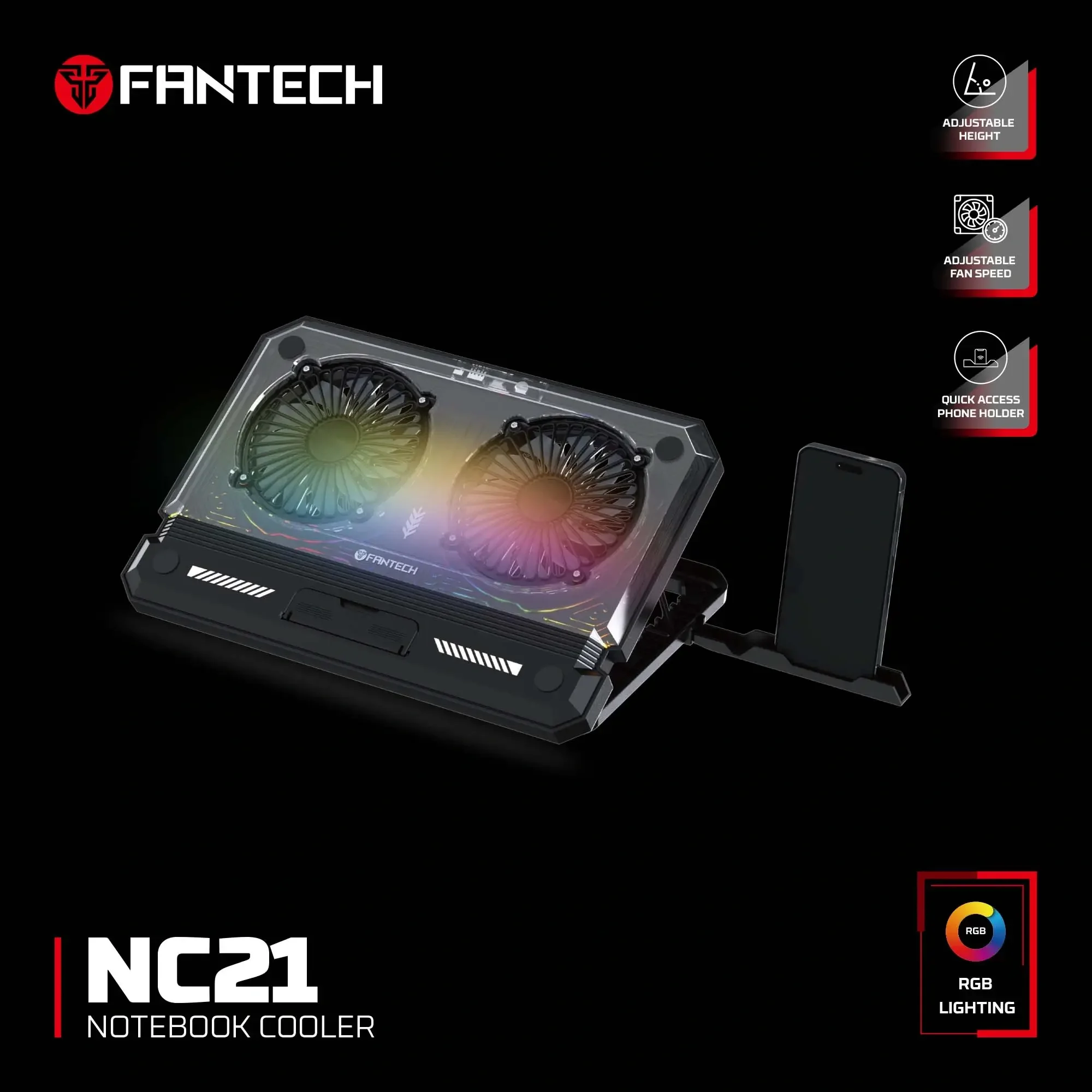 Fantech NC21 Laptop Cooling Pad with Dual 140mm Fans and RGB Lighting - Image 3