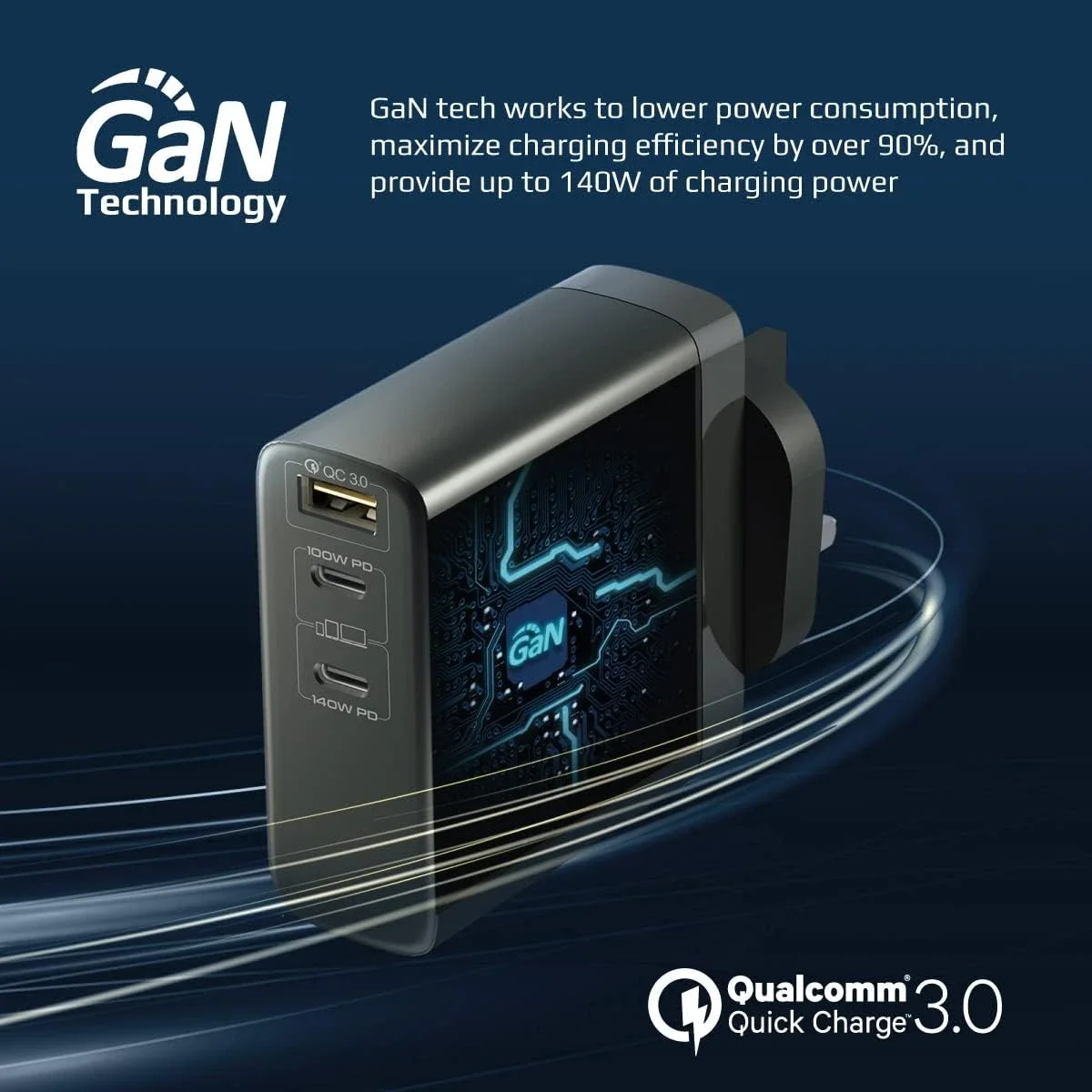 Promate GaNCharge-140W 140W 3-Port USB-C GaN Charger, Black - Thumbnail 2