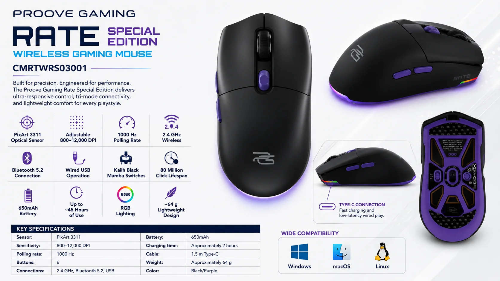 ماوس ألعاب لاسلكي Proove Gaming Rate Special Edition ثلاثي الاتصال 12000 DPI أسود/بنفسجي (CMRTWRS03001) - Thumbnail 12
