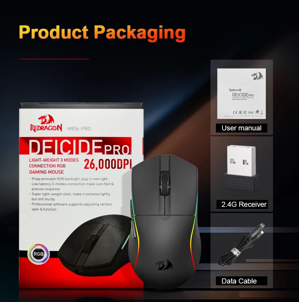 ماوس ألعاب Redragon Deicide M816 Pro لاسلكي ثلاثي الوضع، 26000 DPI، 61g، أسود - Thumbnail 19
