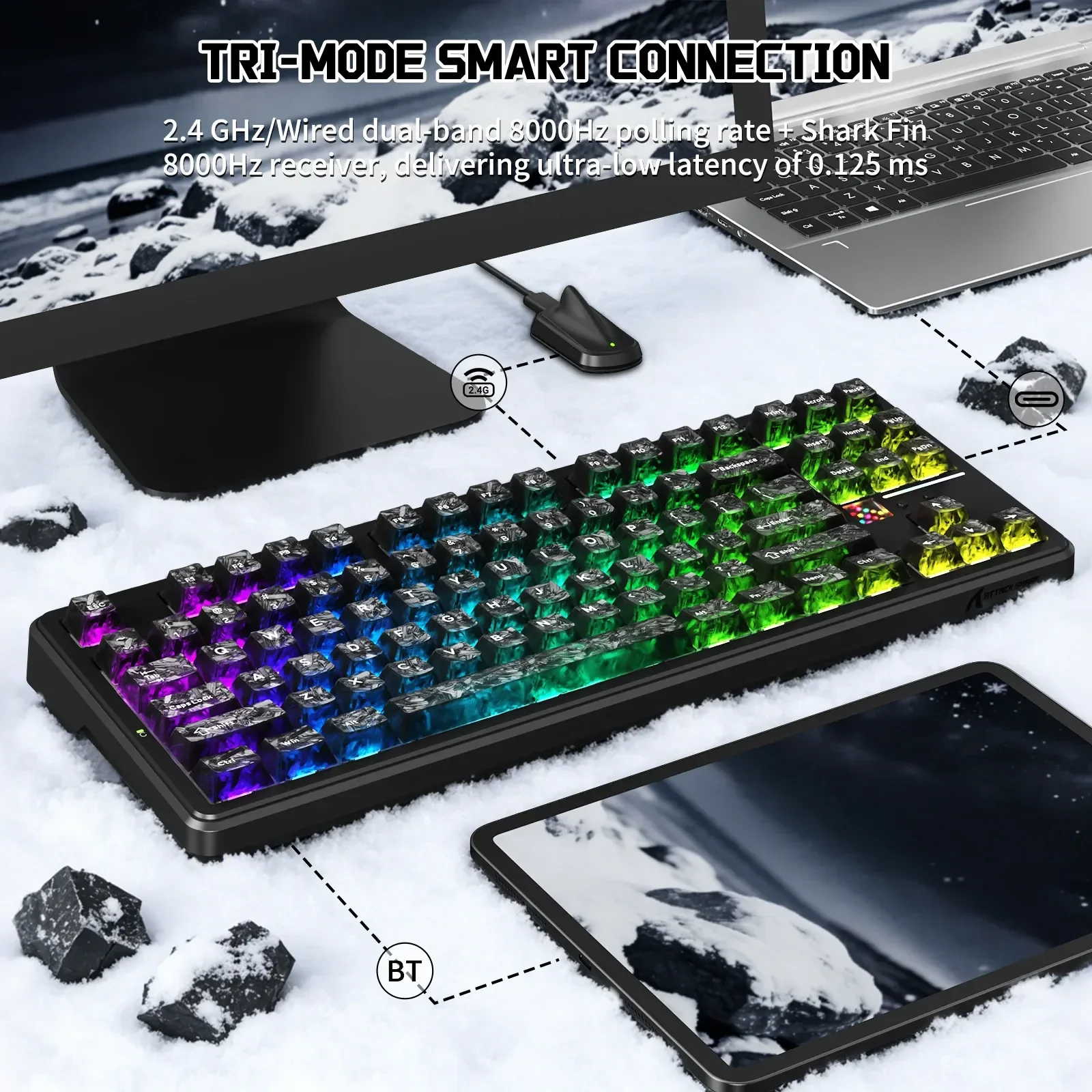 كيبورد ATTACK SHARK X87 ULTRA ميكانيكي لاسلكي – Forged Carbon – سويتشات Meg Shark - Thumbnail 2