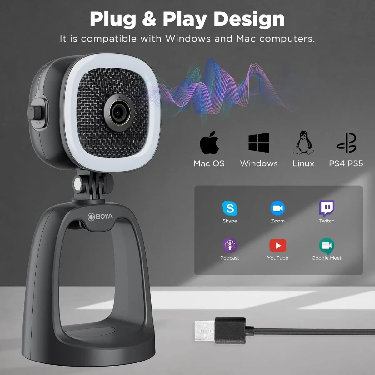 ميكروفون مكثف Boya BY-CM6A USB مع كاميرا HD 1080P وإضاءة تعبئة - أسود - Thumbnail 3