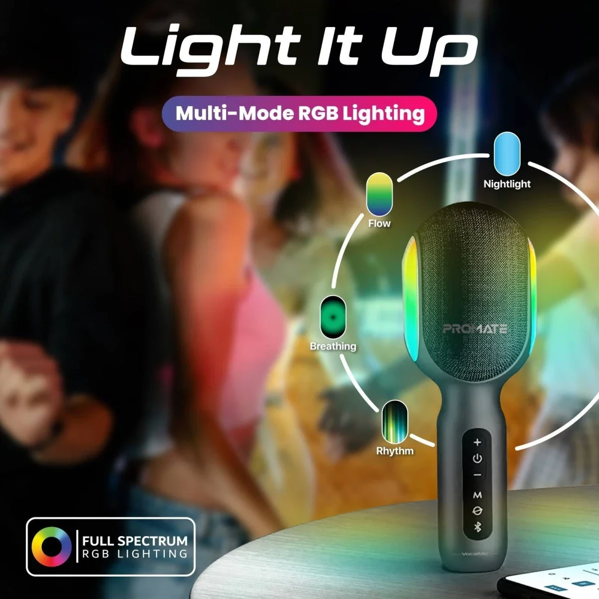Promate VocalMic 5-in-1 Bluetooth Karaoke Microphone & Speaker with RGB Lights - Black - Thumbnail 8