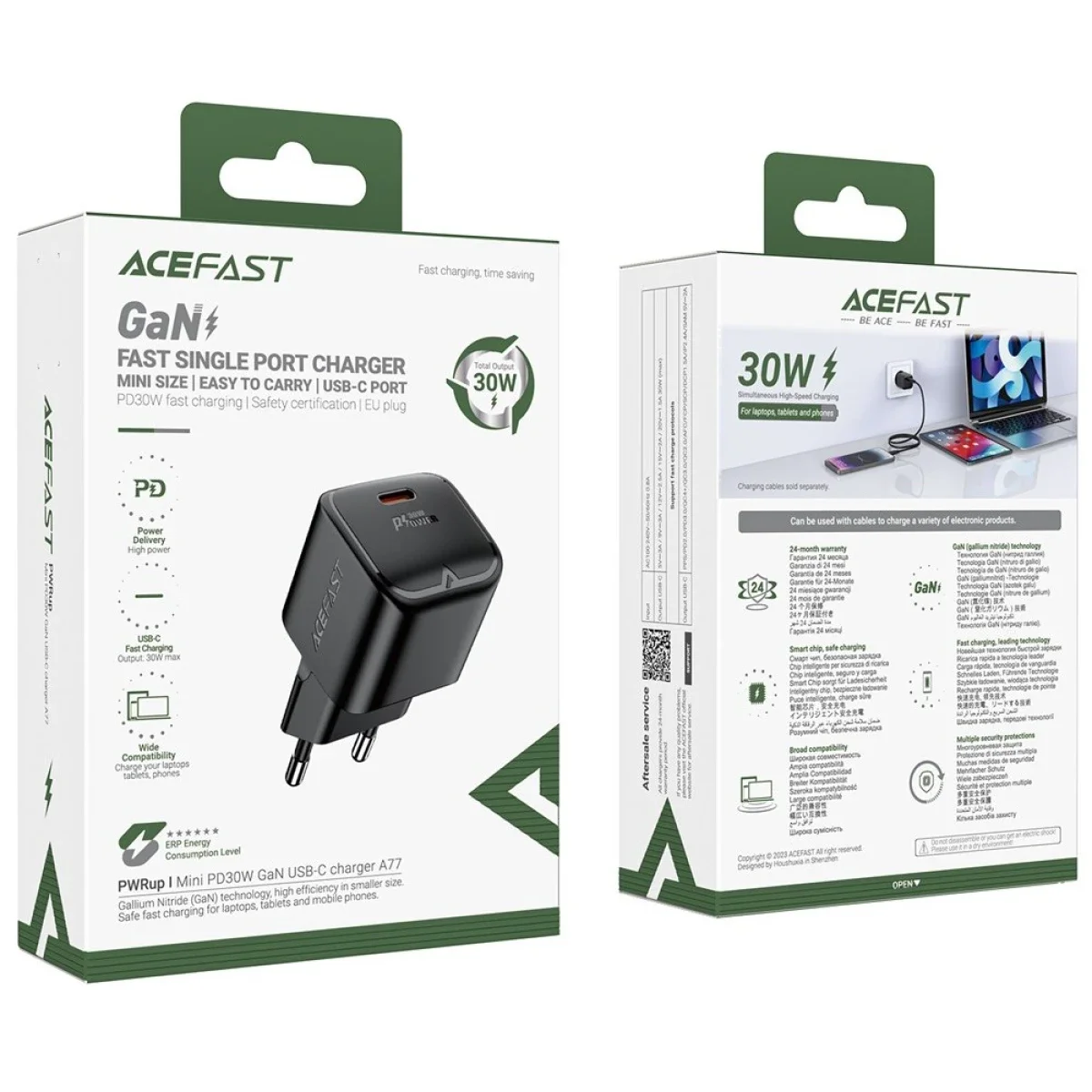 شاحن جداري ACEFAST A77 Mini بقدرة 30 واط GaN USB-C PD، قابس أوروبي - أسود