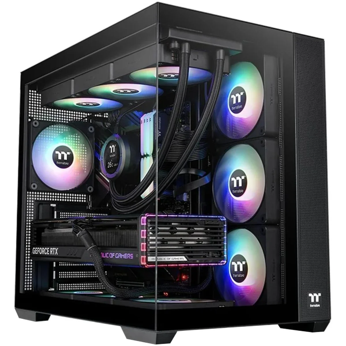 هيكل كمبيوتر Thermaltake View 380 TG ATX ميد تاور مع 4 مراوح ARGB مقاس 120 مم، أسود