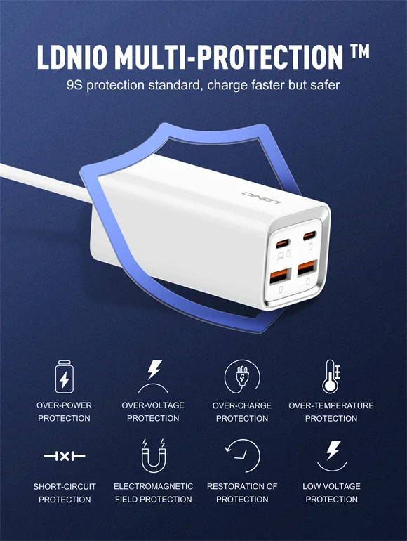 شاحن LDNIO A4610C سريع 65 واط بأربعة منافذ USB وUSB-C - أبيض - Thumbnail 8