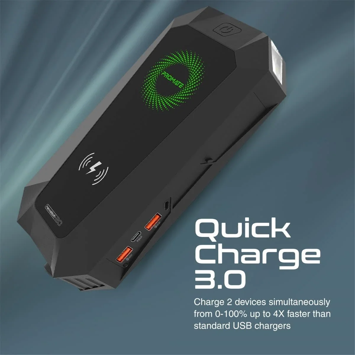 مشغل بطارية سيارة Promate HexaBolt-20 بقوة 1500A و12V مع باور بانك 19200mAh وشحن Qi 10W - أسود - Thumbnail 4