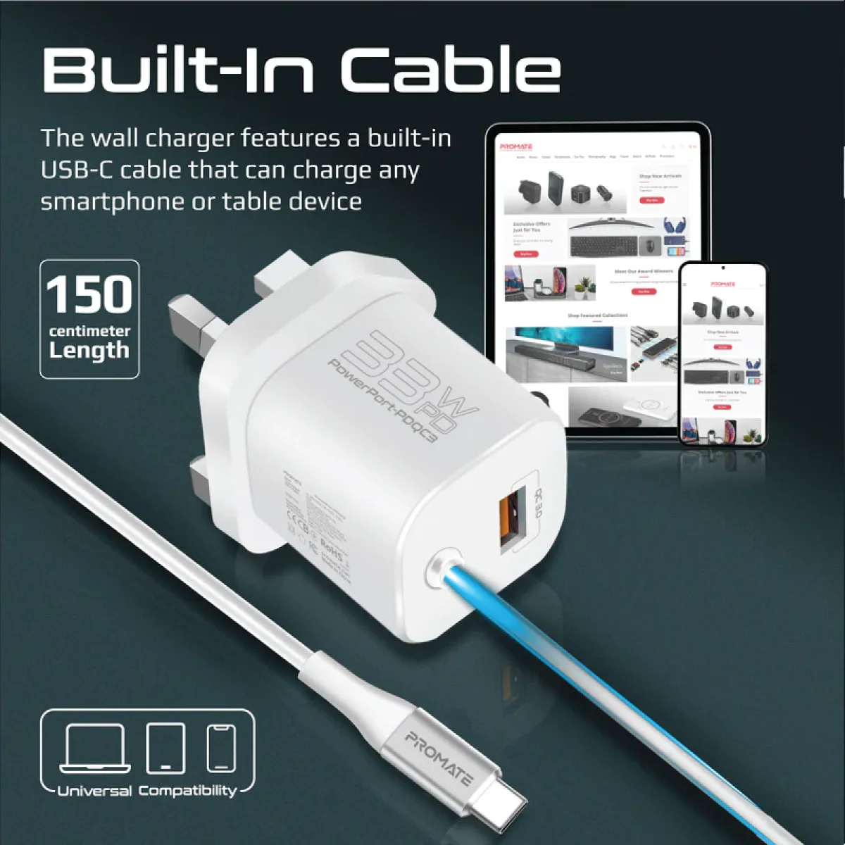 شاحن حائط Promate PowerPort-PDQC3 USB-C بقوة 33 واط مع QC 3.0 بقوة 22.5 واط وكابل Type-C بطول 1.5 متر - أبيض - Thumbnail 4