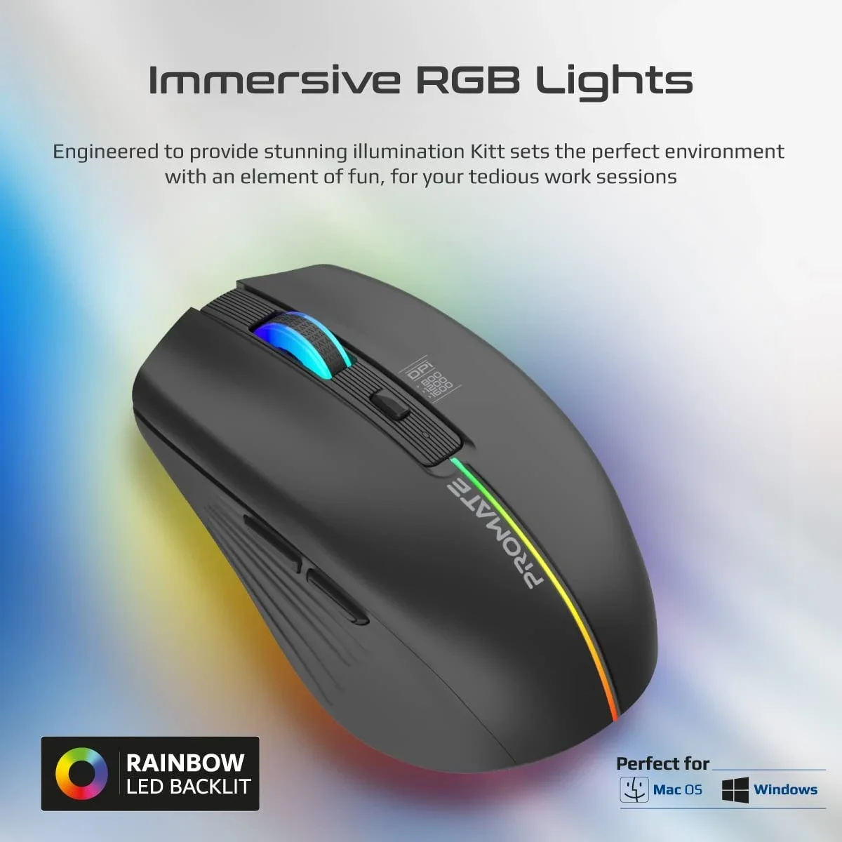 ماوس لاسلكي Promate KITT ببطارية قابلة للشحن 500mAh وإضاءة RGB ودقة 1600 DPI أسود - Thumbnail 4