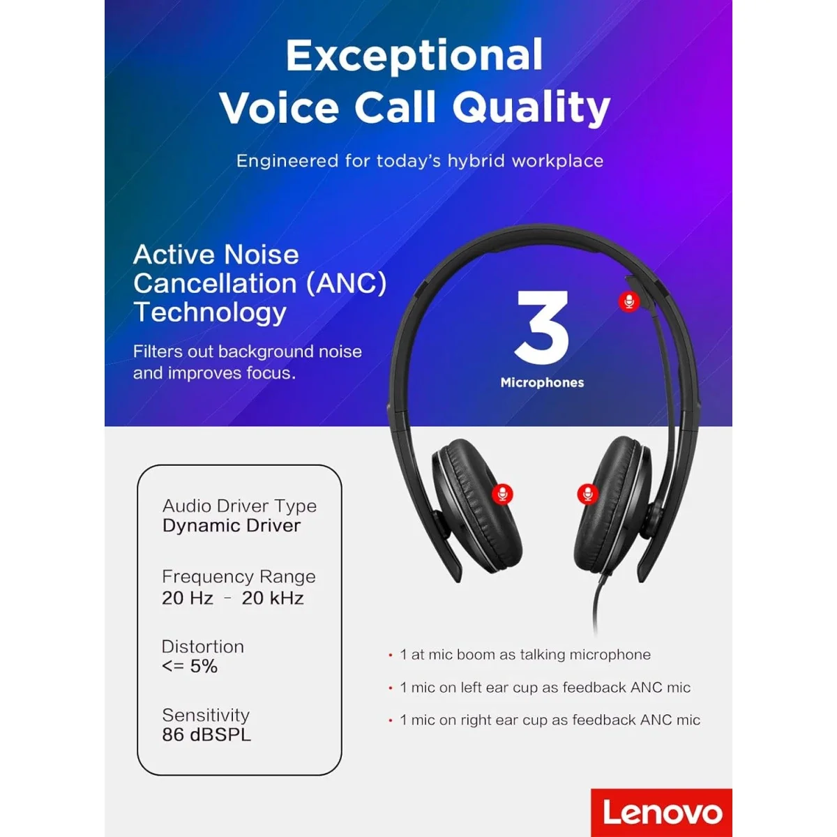 سماعة رأس أعمال سلكية Lenovo بإلغاء الضوضاء النشط ANC USB-C وUSB-A، معتمدة من Zoom، 145 غ - Thumbnail 8