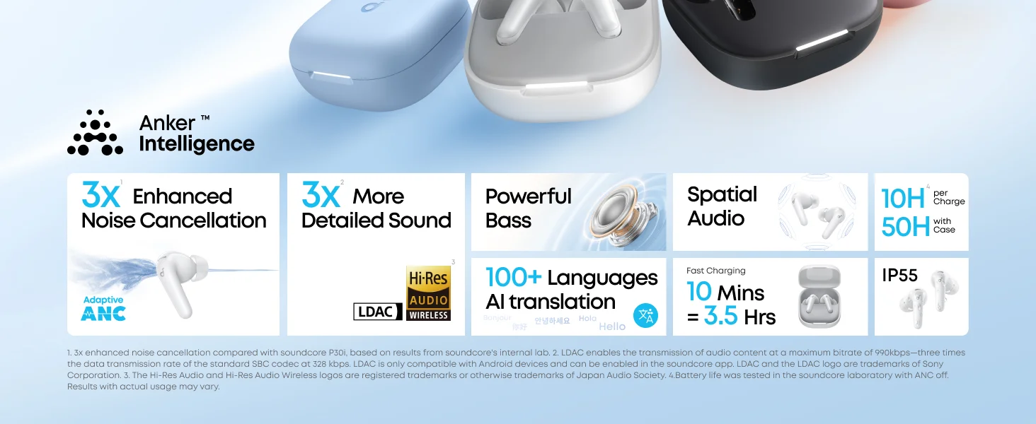سماعات أذن لاسلكية Anker Soundcore R60i NC مع إلغاء ضوضاء تكيفي وصوت عالي الدقة، تشغيل 50 ساعة، أبيض - Thumbnail 9