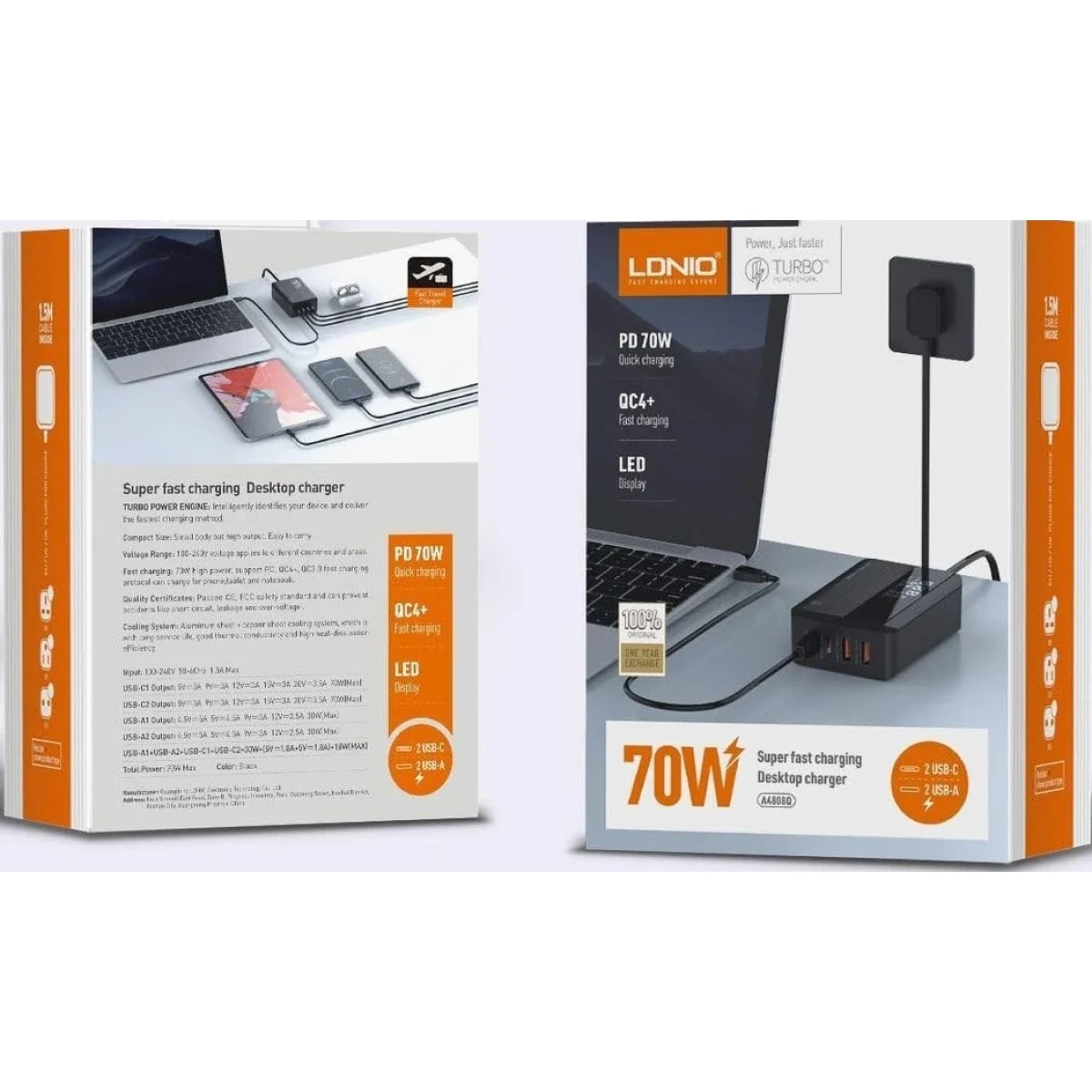LDNIO A4808Q 70W GaN Desktop Charger with 4 USB Ports, Black - Thumbnail 4
