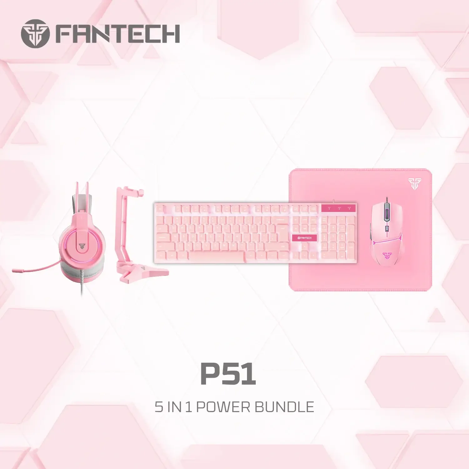 Fantech P51 5-in-1 Pink Gaming Combo Set Keyboard Mouse Mousepad Headset & Stand