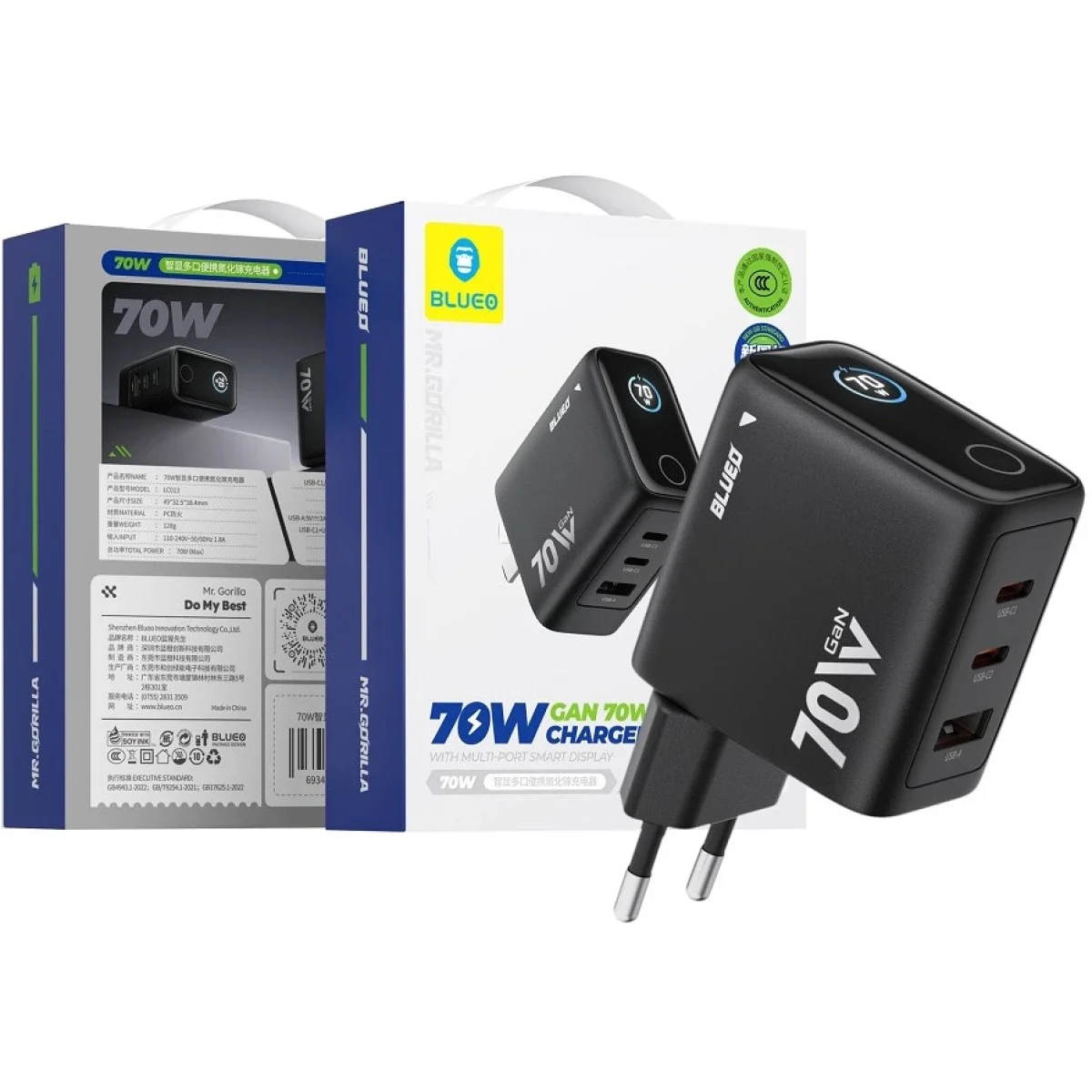 BLUEO Mr. Gorilla LC013 70W GaN 3-Port Smart Display Fast Charger EU Plug - Black