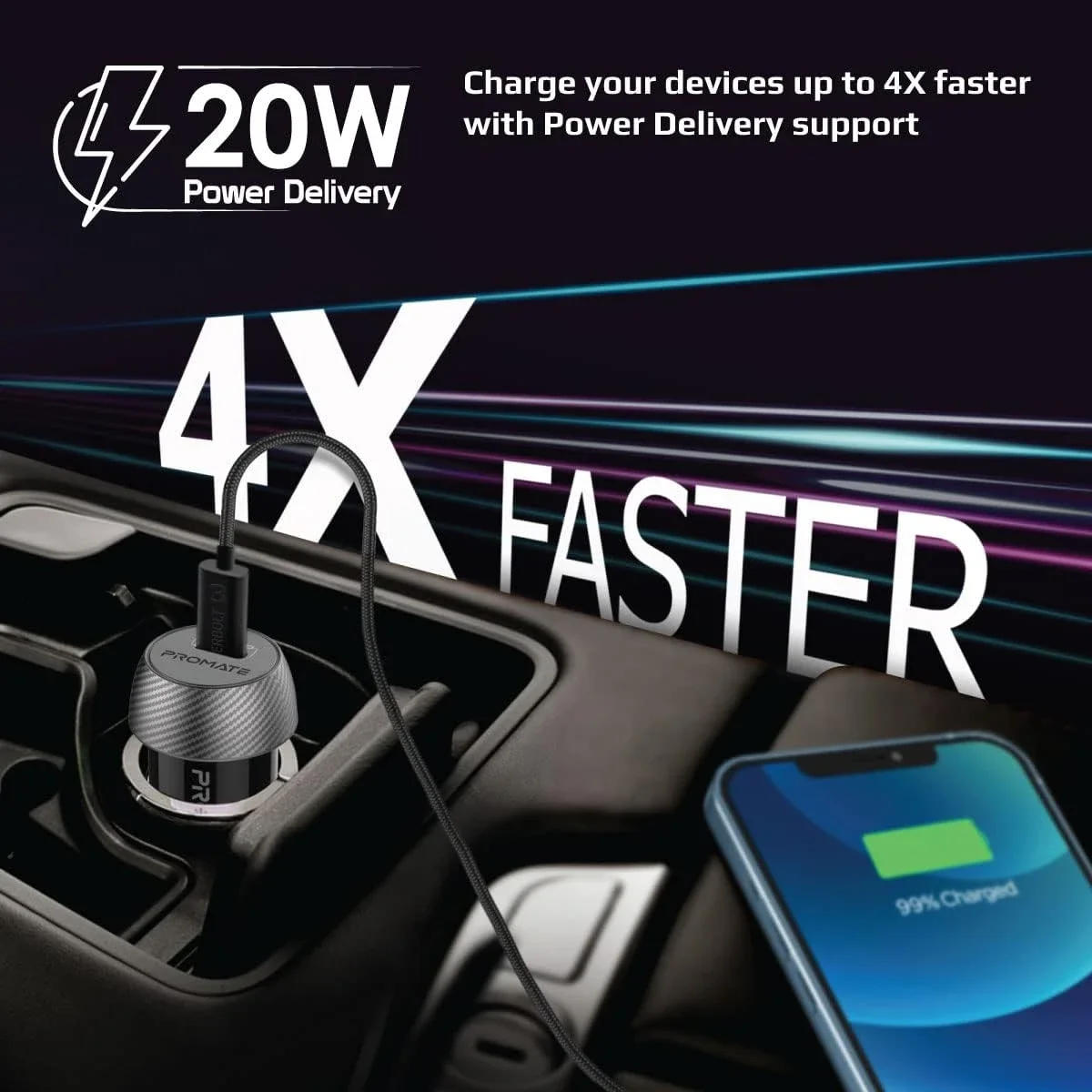 شاحن موبايل للسياره Promate PowerDrive-PD20 بقدره 20 واط USB-C Power Delivery - اسود