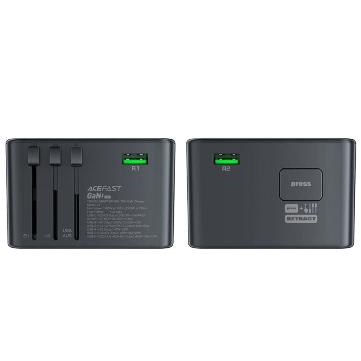 ACEFAST Z1 75W GaN Travel Charger with 3 USB-C, 2 USB-A & Universal Plugs - Image 4
