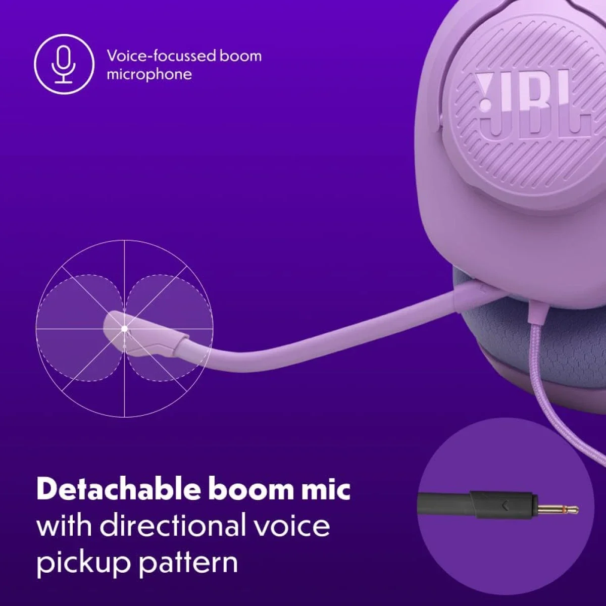 سماعة ألعاب JBL Quantum 100M2 سلكية بمشغلات 40 مم وميكروفون بوم قابل للفصل، بنفسجي - Thumbnail 5
