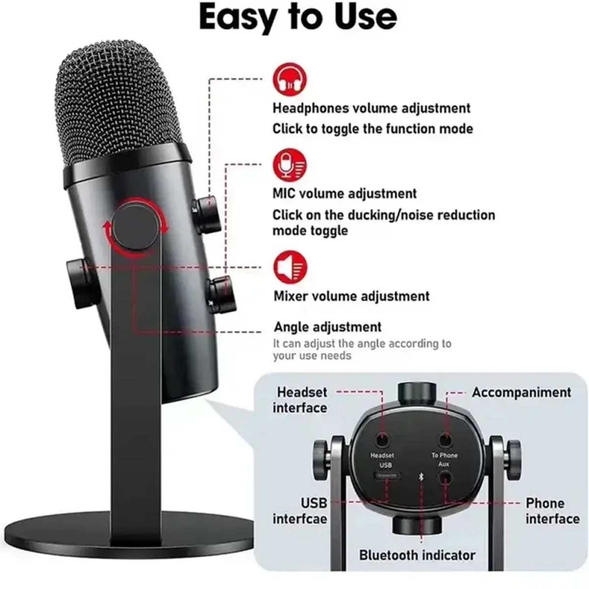 ميكروفون مكثف مكتبي احترافي Jmary MC-PW10 USB مع 4 أوضاع صوت - أسود - Image 3