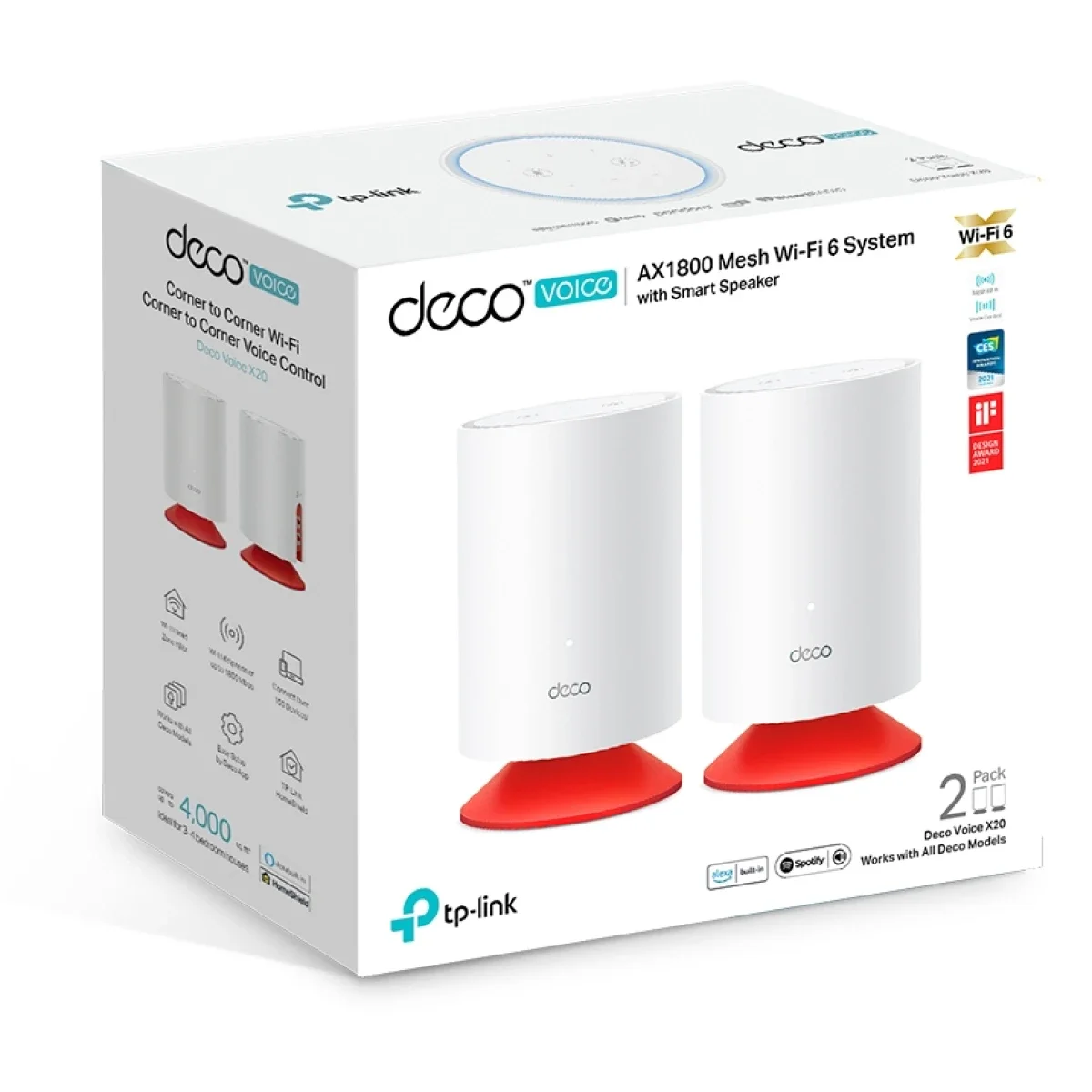 TP-LINK Deco Voice X20 AX1800 Mesh Wi‑Fi 6 System with Alexa Built-In, Dual-Band, White, 2-Pack