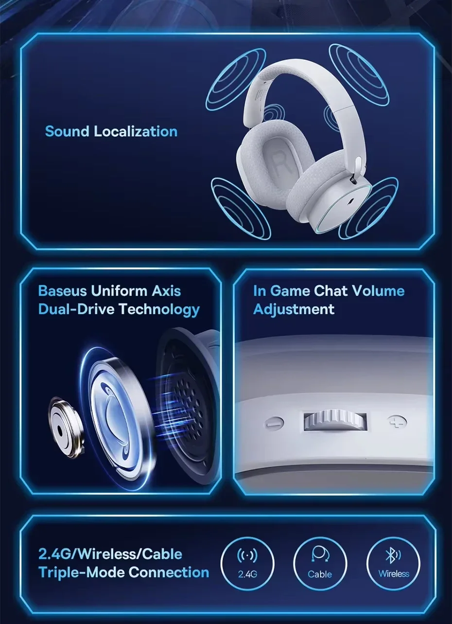 Baseus GH02 Wireless Gaming Headphones with ANC, RGB, 40mm Drivers and 40-Hour Playtime - White - Thumbnail 8