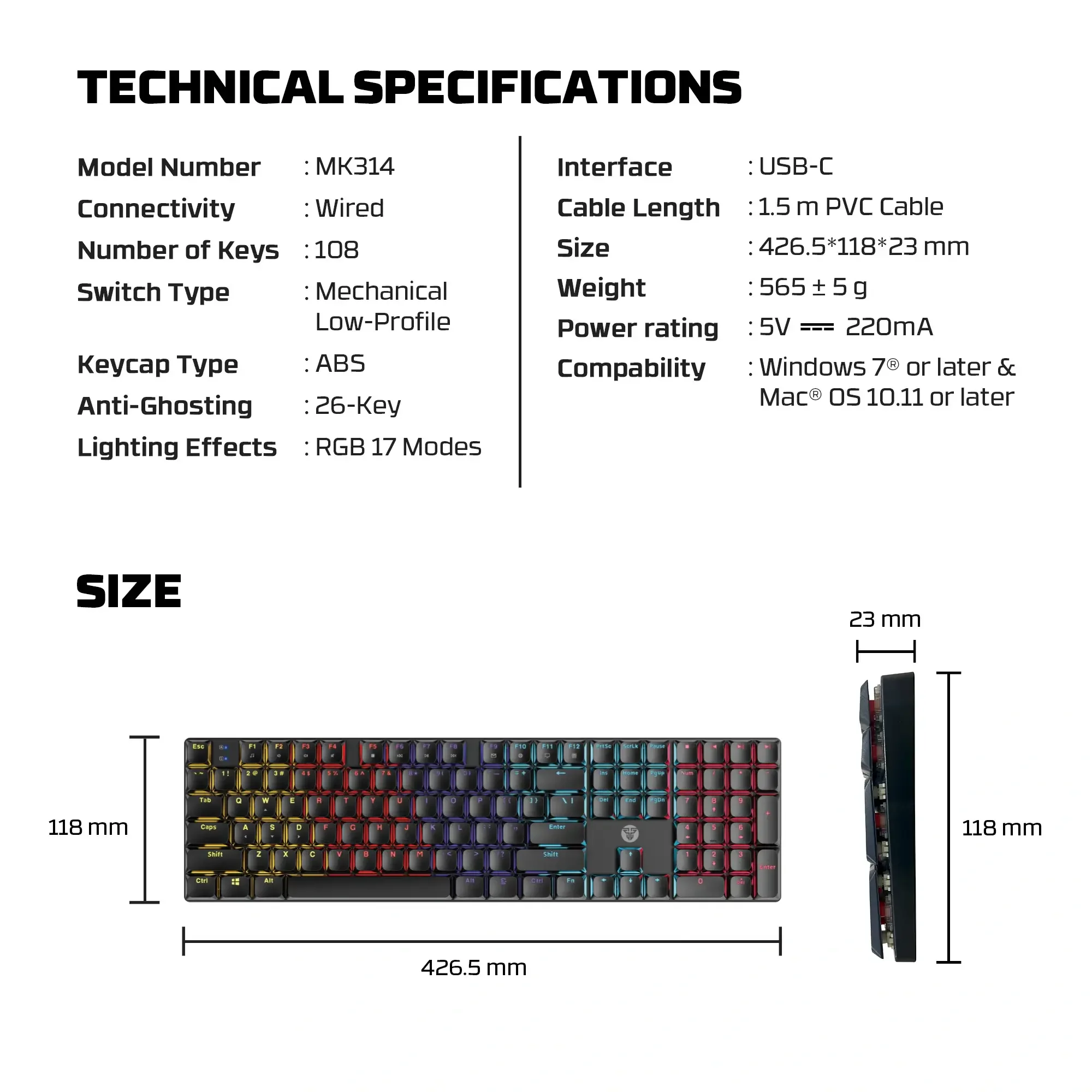كيبورد ألعاب ميكانيكي منخفض الارتفاع مع 17 وضعية إضاءة Fantech MK314 أبيض - Image 5