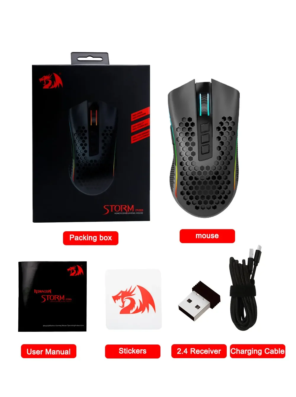 Redragon M808 Storm Pro Wireless RGB Honeycomb Gaming Mouse, 16,000 DPI, Black - Thumbnail 19