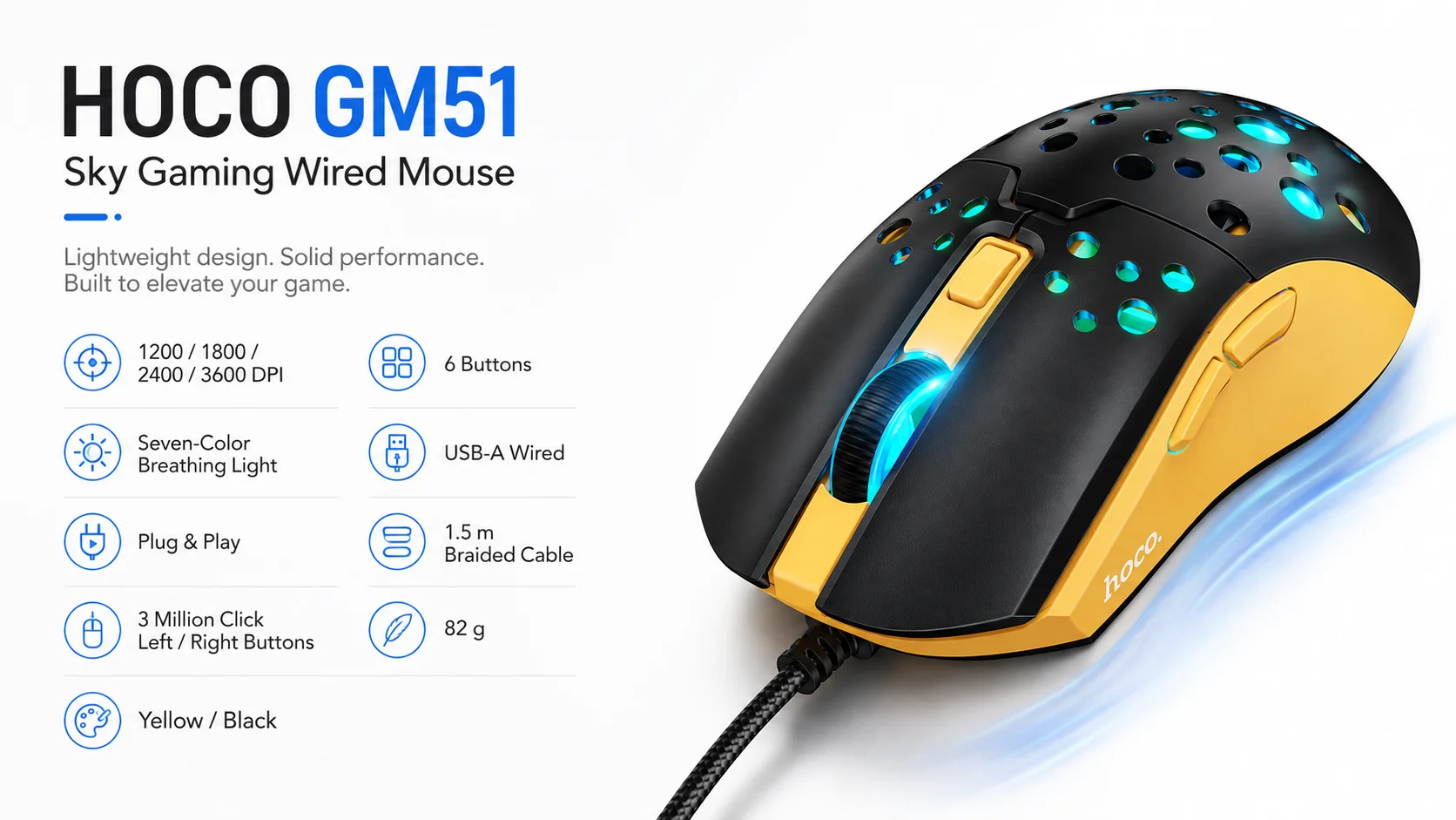 ماوس ألعاب سلكي HOCO GM51 Sky بدقة 3600 DPI و6 أزرار أسود/أصفر - Thumbnail 7