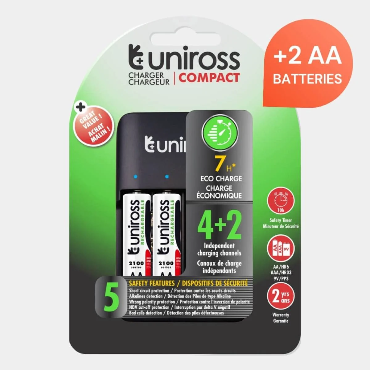 Uniross Compact Battery Charger for AA, AAA & 9V with 4 AA Rechargeable Batteries - Thumbnail 2