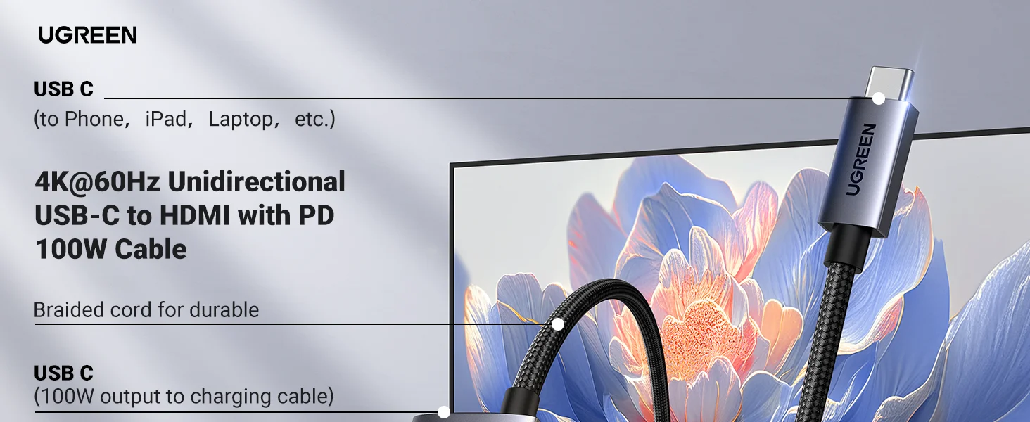 Ugreen USB-C to HDMI Cable with 100W PD Charging, 4K@60Hz, 2M - Image 11