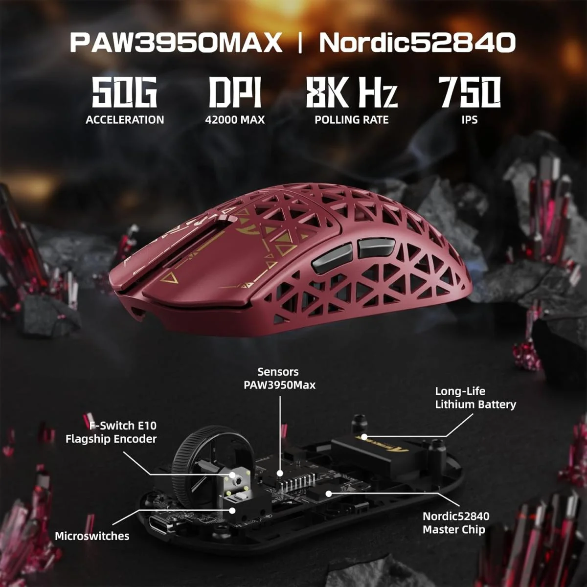 ماوس ألعاب ATTACK SHARK R5Ultra لاسلكي 8K بدقة 42000 DPI ومستشعر PAW3950 MAX، أحمر - Image 4