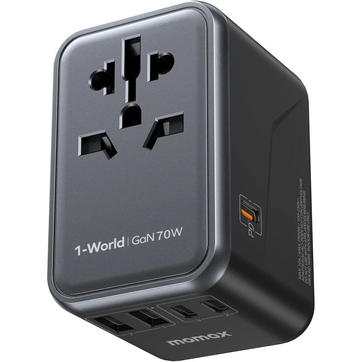 محول سفر عالمي MOMAX بقوة 70W وتقنية GaN مع 3 منافذ USB-C PD و2 USB-A QC - أسود