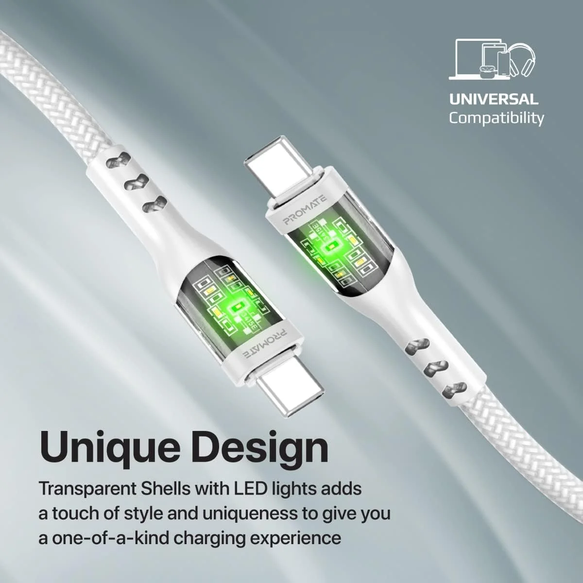 Promate TransLine-CC USB-C to USB-C Cable 60W PD 120cm Nylon Braided White - Thumbnail 4