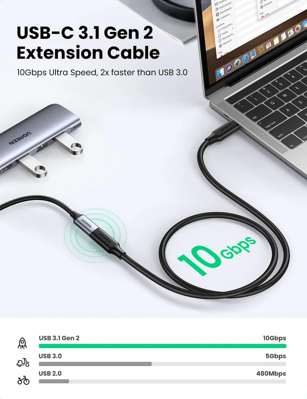 سلك تمديد USB-C ذكر إلى USB-C أنثى Ugreen 10387 Gen2 بقدرة 100W وسرعة 10Gbps ودقة 4K 60Hz بطول 1 متر - Thumbnail 2