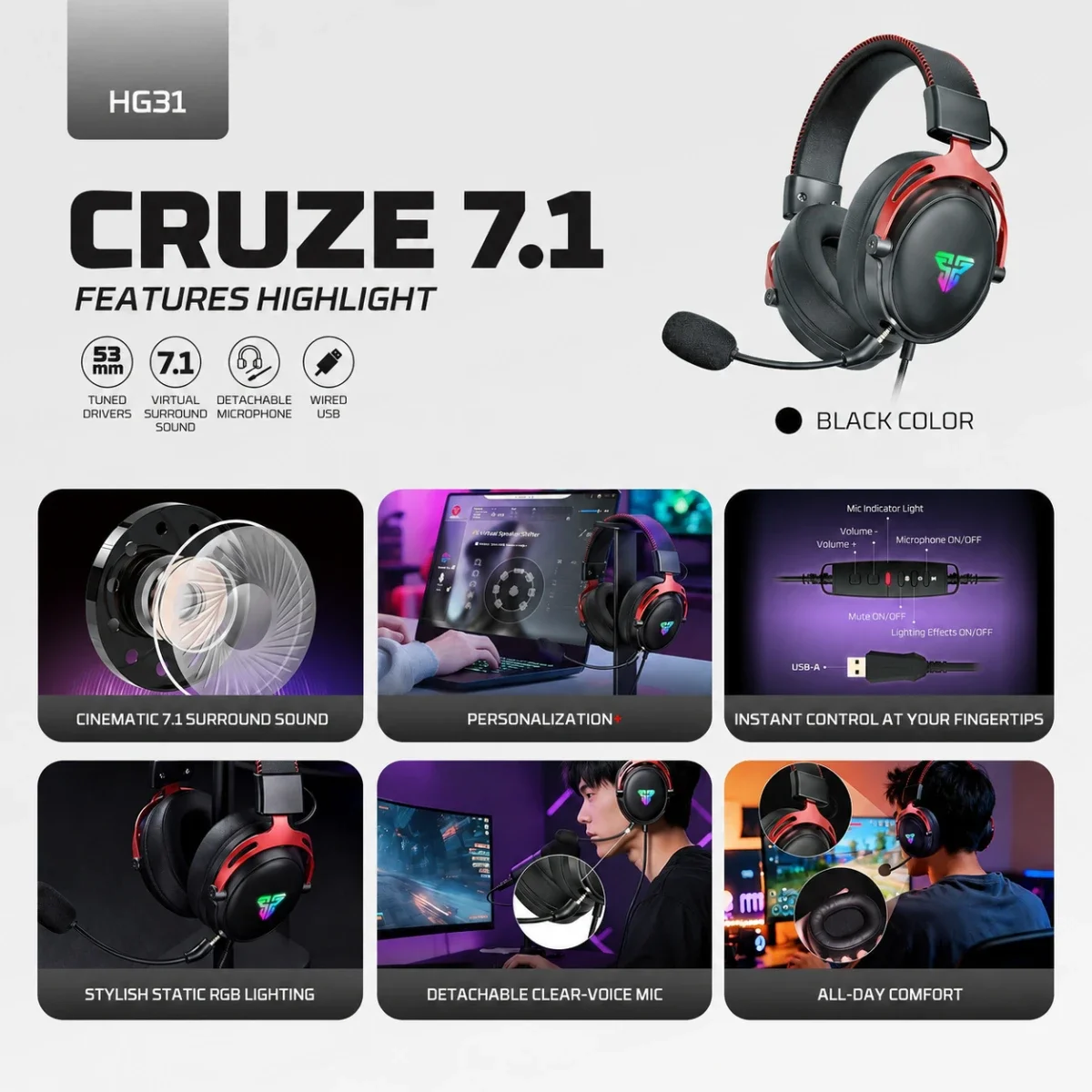 سماعة رأس ألعاب Fantech سلكية USB-A بإضاءة RGB CRUZE 7.1 HG31 - Thumbnail 9