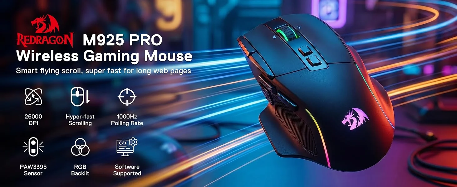 ماوس ألعاب لاسلكي Redragon M925 PRO بدقة 26000 DPI وإضاءة RGB، أسود - Thumbnail 9