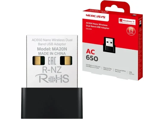 محول واي فاي MERCUSYS MA20N V1 AC650 نانو USB للكمبيوتر واللابتوب، ثنائي النطاق، Windows 10/11، WPA3 - Thumbnail 7