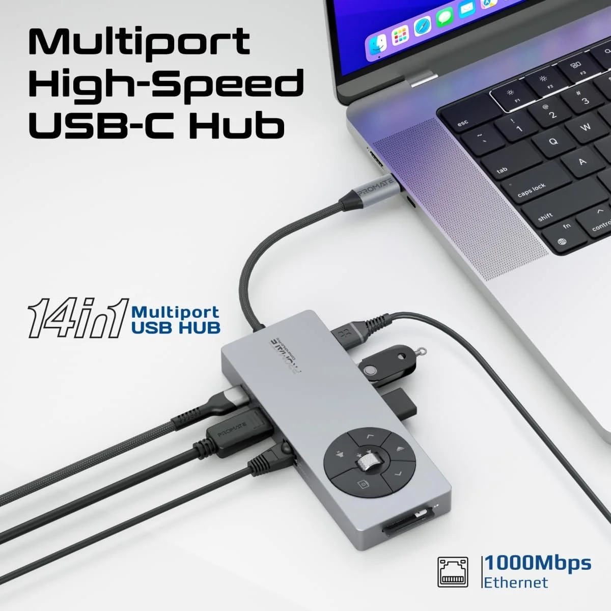 Promate ComandHub-Pro 14-in-1 USB-C Multiport Hub with 100W PD, 4K 60Hz HDMI & Gigabit Ethernet - Thumbnail 2