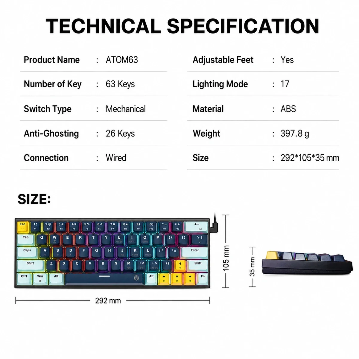 لوحة مفاتيح ألعاب ميكانيكية سلكية Fantech بلون SkyBlue / Navy مع سويتش Taro - ATOM63 MK874V2 MIZU - Image 8