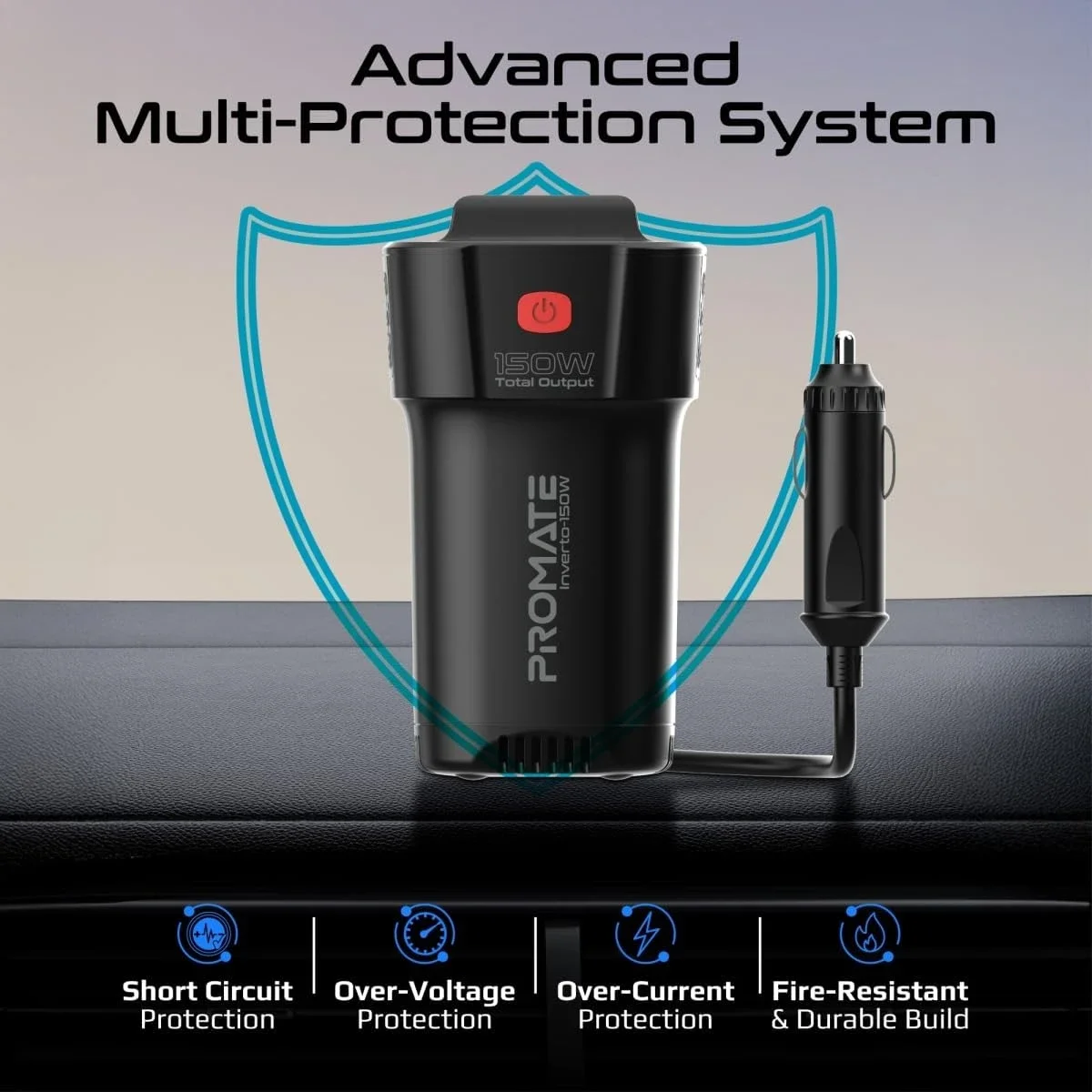 Promate Inverto-150W 4-in-1 Car Power Inverter with 150W AC Socket, Dual PD 30W USB-C & QC 18W USB-A - Black - Image 2