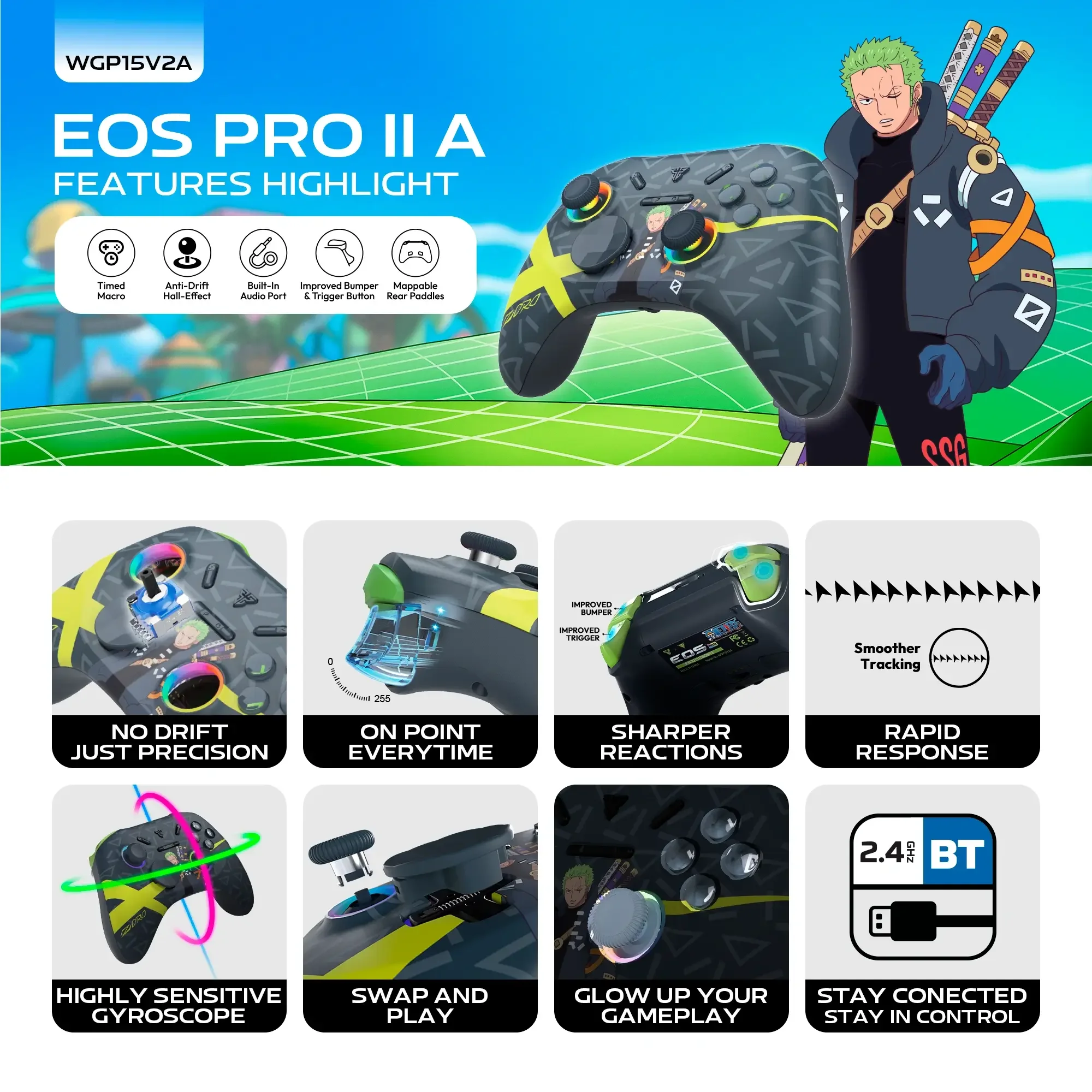 يد تحكم ألعاب لاسلكية Fantech EOS II PRO WGP15V2A إصدار One Piece Zoro Egghead - Image 6