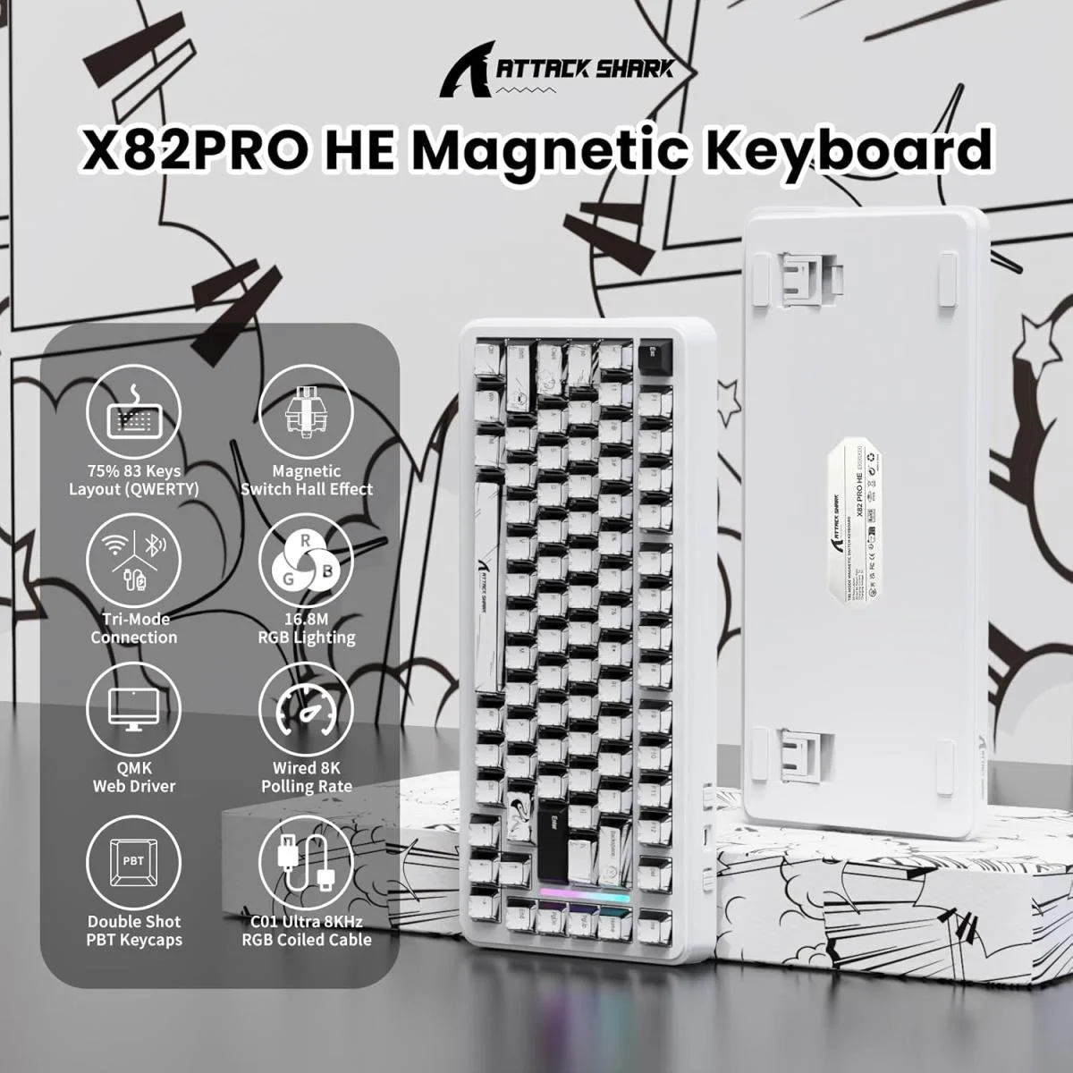 ATTACK SHARK Magnetic Gaming Keyboard, Tri-Mode Wireless, 8KHz, X82 PRO HE - Image 3