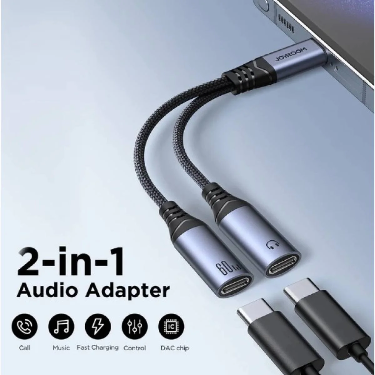 JOYROOM SY-C03 2-in-1 USB-C to Dual USB-C Audio Adapter - Black - Thumbnail 3