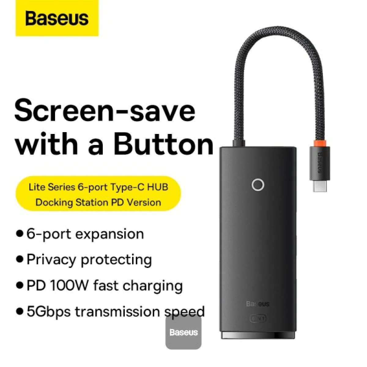 محطة إرساء وموزع Type-C Baseus Lite Series 6 منافذ HDMI وUSB 3.0 وPD وSD/TF باللون الأسود - Image 5